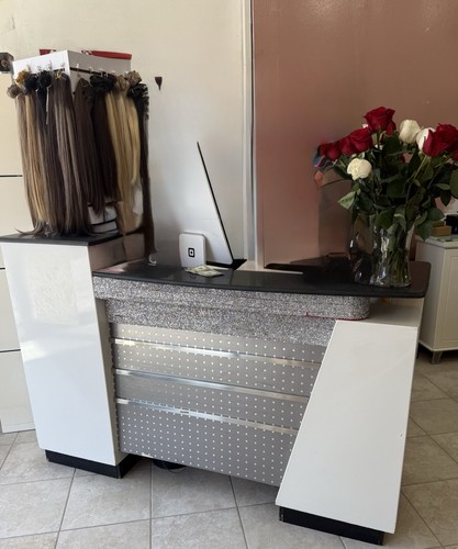 Stylist Station White Black Silver with Drawers Storage Shelves Wood Metal