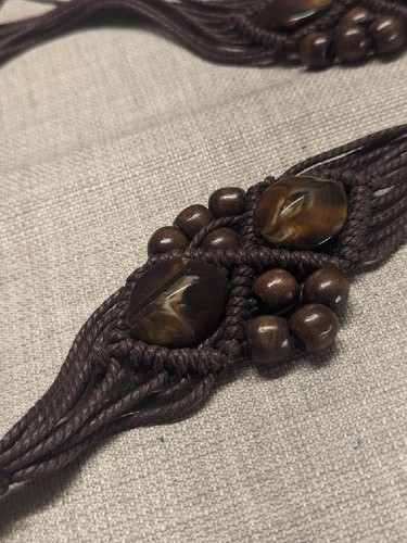 vintage BOHO macrame belt HIPPIE stone ONE SIZE acrylic agate BEADED brown - Picture 9 of 11