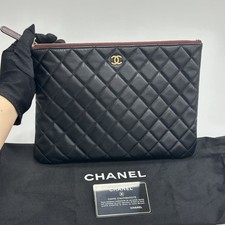 Chanel Black Lambskin Clutch Bag Gold Tone Metal Hardware Quilted Hand Clutch