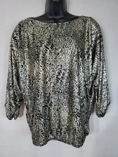 JERI MARQUE Blouse Women's Size 44/large Gold/black Elastic Waist Oversized 80s
