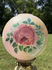 Antique Hand Painted Satin Milk Glass Oil Lamp Ball Shade Floral Design Heavy
