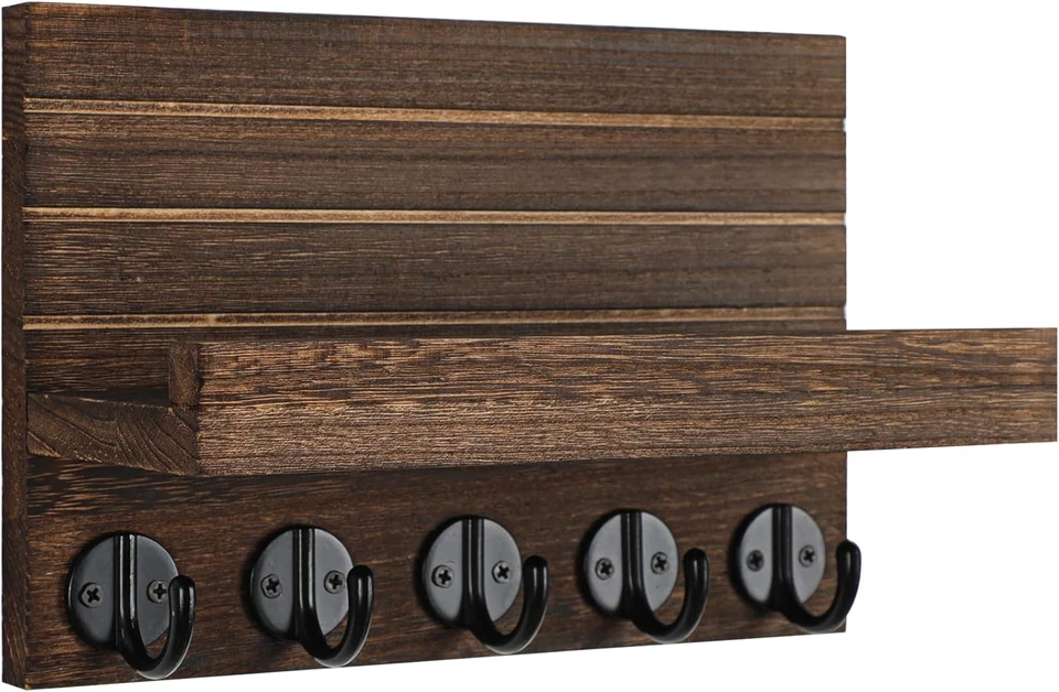 Wall Key Holder with Shelf, Large Hooks for Bags and Coats, 9.8" X 6.7" X 4.2" - Image 2 of 4