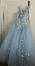 Blue Floral Ball Gown Sleeveless Long Tulle Dress Lace Beaded Girls Formal
