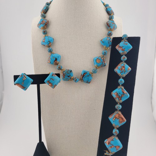 Murano Venetian Glass Turquoise Adventurine Necklace Earrings Bracelet Set READ