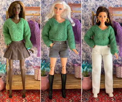 Handmade Green Mohair Sweater for dolls Barbie Standard, Curvy or Poppy Parker.