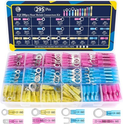 295Pcs Heat Shrink Wire Connectors Kit Insulated Electrical Crimp Terminals 295