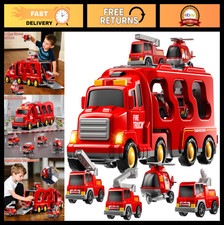 5-in-1 Fire Truck Toy Set for Toddlers 1-6, Light  Sound Car Carrier, Birthday