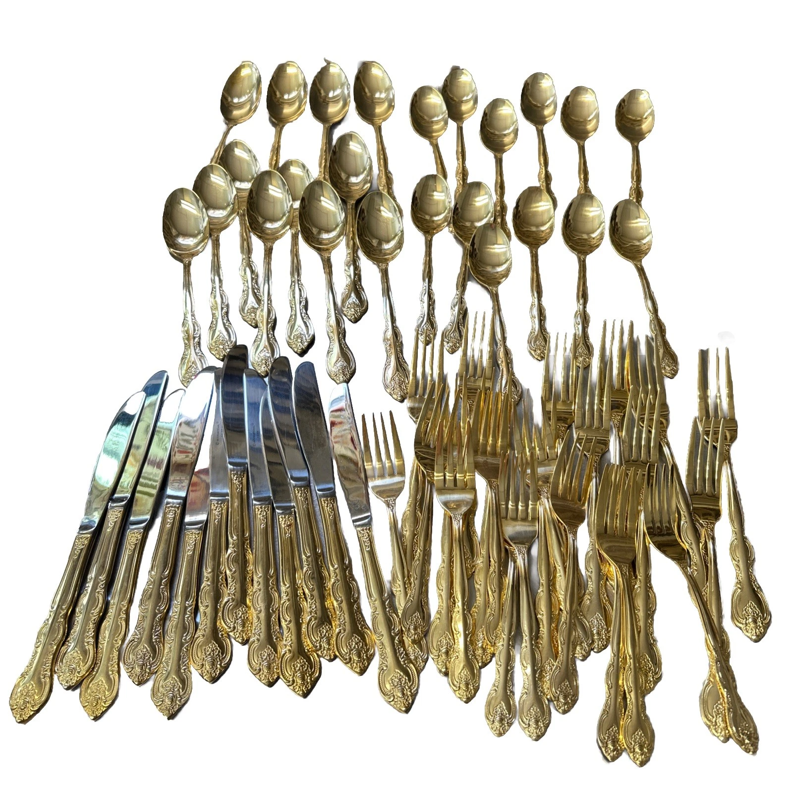 12 Piece Setting of International China Gold Plated Stainless Flatware