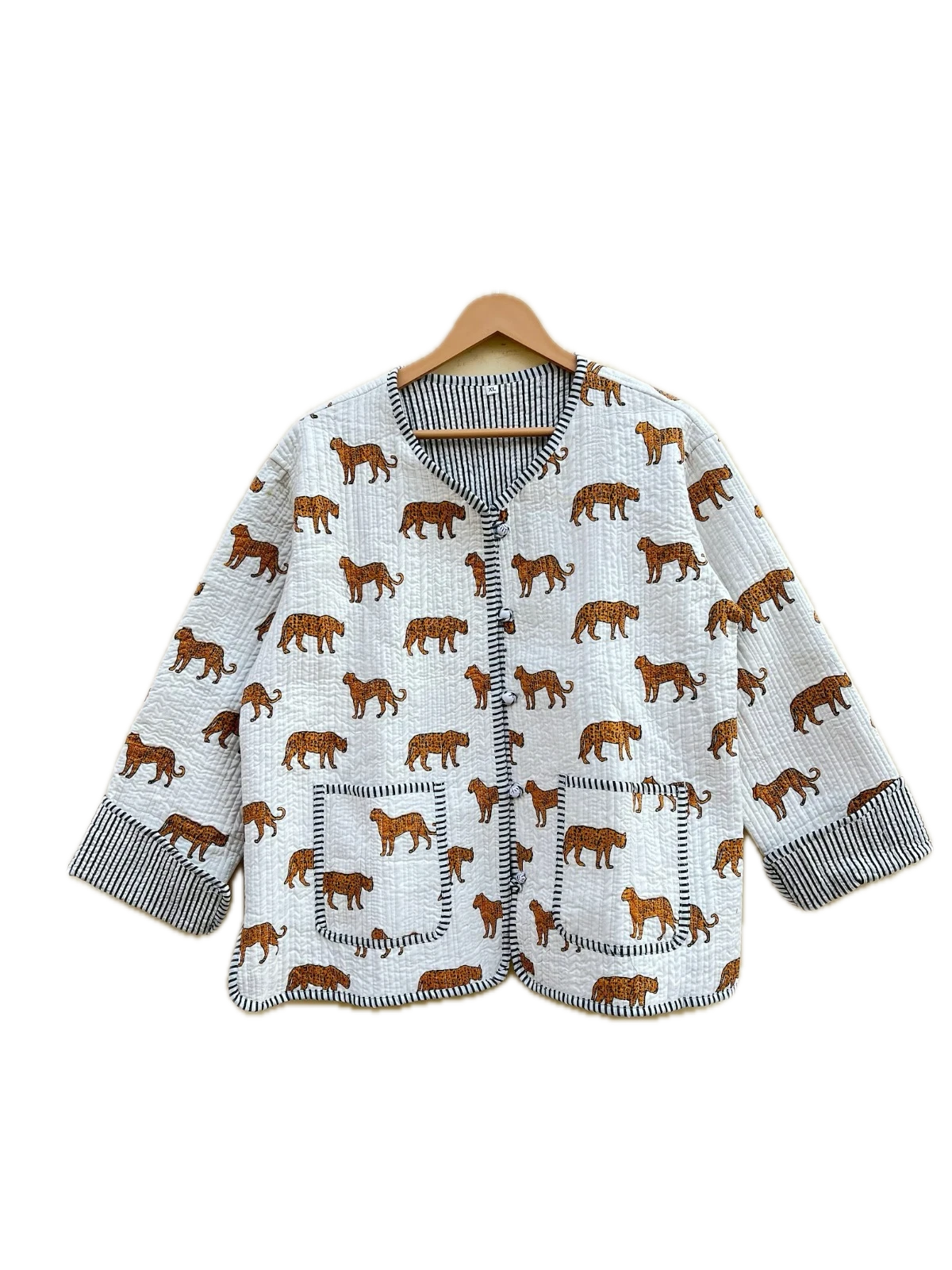 Indian White Tiger Print Cotton Quilted Unisex Jacket Women's Clothing Jacket US