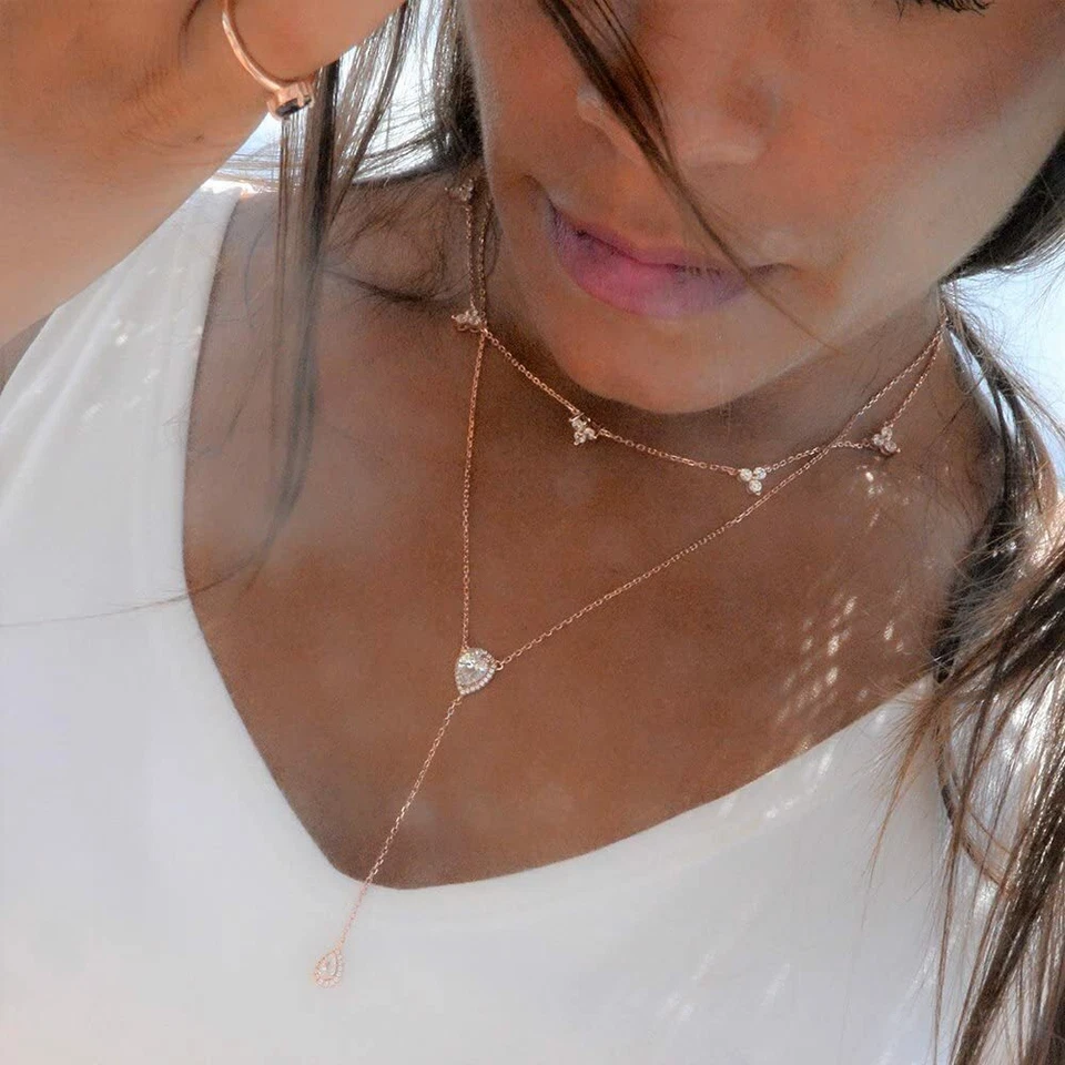 Collar Lariat Gota Pera Circonita cúbica Oro Rosa 14k 16 con Cadena Ajustable Gota Y 2.75" Foto 3 de 4