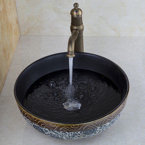 Bathroom Ceramics Round Vessel Sink Washing Deck Mount Basin Bowl Mixer Tap Set - Picture 4 of 8