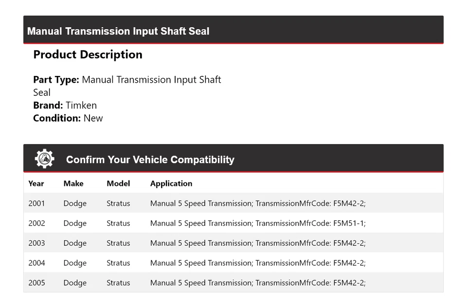 Vedação de eixo de entrada de transmissão manual Dodge Stratus 2001-2005 Timken 2002 - Imagem 2 de 4