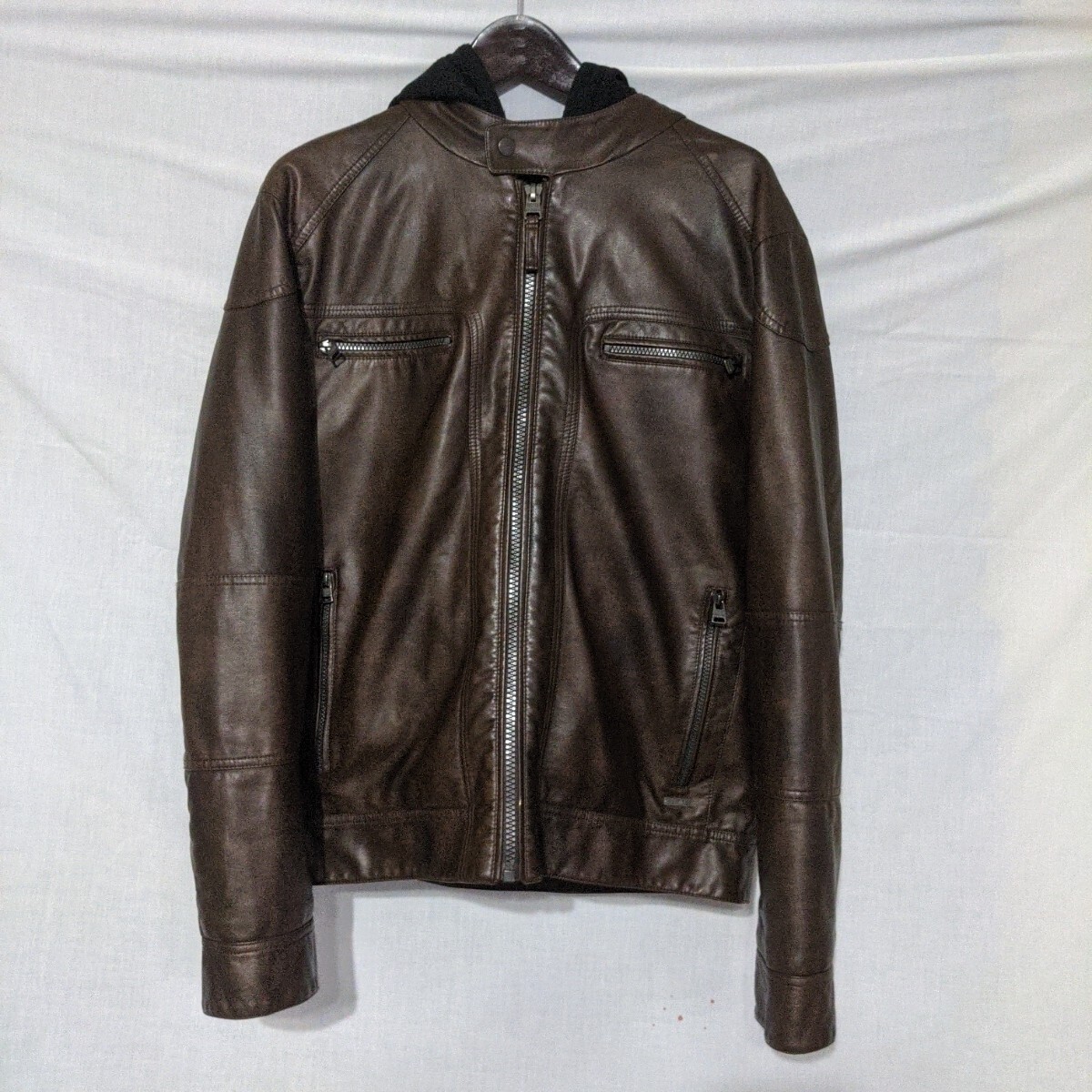 Calvin Klein CK Leather Motorcycle Jacket Men's Brown Hooded Full Double  Zip