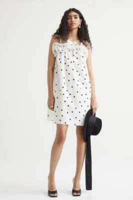 H M Women's Size S Flounce Trimmed Mini Dress White Black Polka
