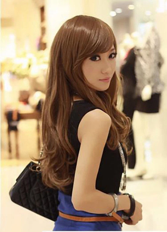 Moda Peluca Larga Mediana Marrón Ondulada Rizada Mujeres Dama Juegos con disfraces Pelucas + Gorra Peluca Foto 3 de 4