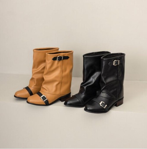 Damen Spleißen Niedriger Absatz Halbhohe Stiefel Runde Spitze Grober Absatz Hosenstiefel Neu - Bild 2 von 15