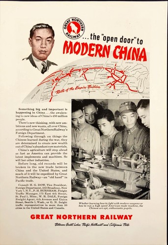 Mapa ferroviario de China 1946 Gran anuncio impreso vintage del norte