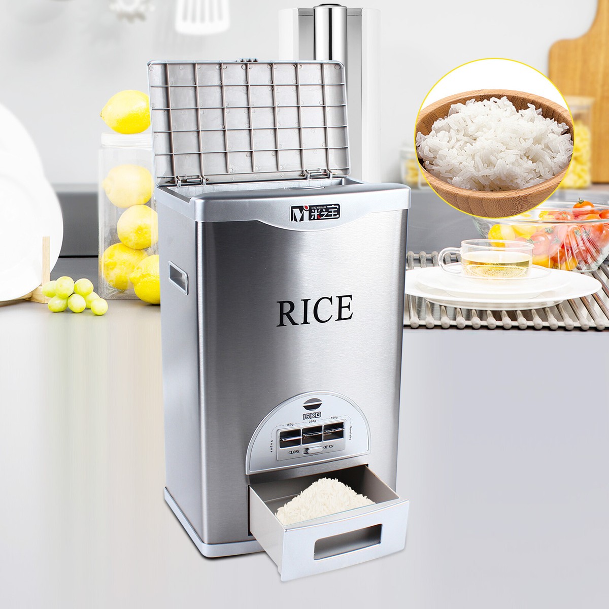 Rice Dispenser Automatic Container - 15kg Stainless Steel Storage With ...