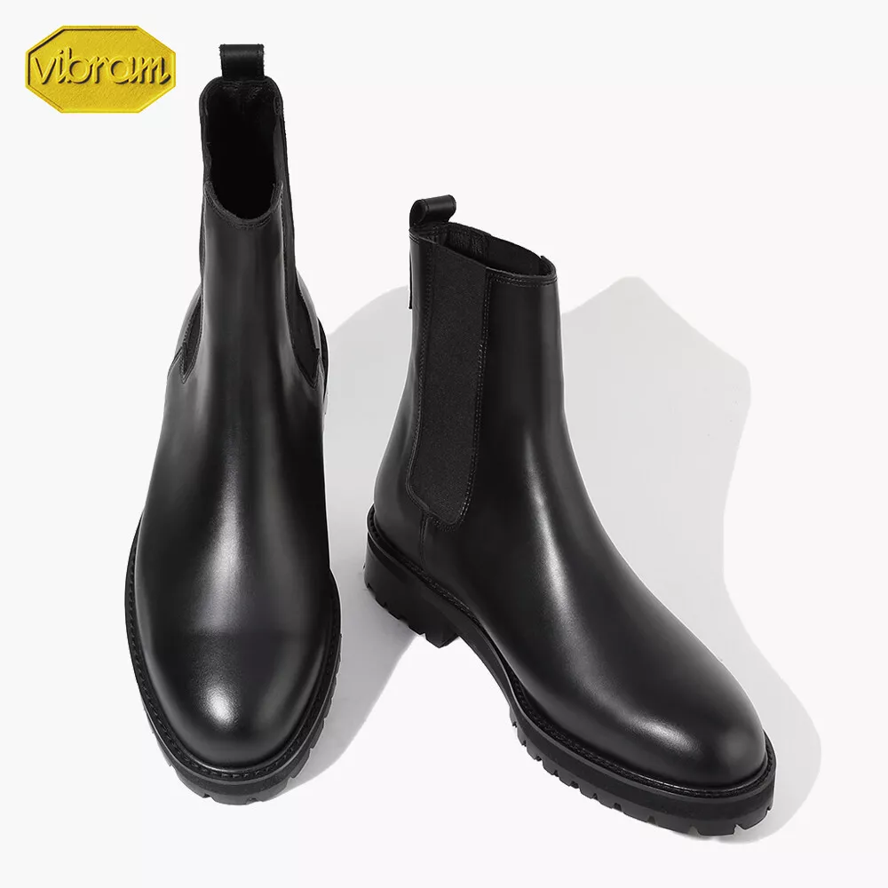 Firenze Atelier Men's Matte Black Leather Round Toe Chelsea Boots W/ Vibram Sole