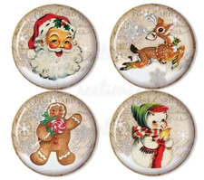 Retro Christmas Holiday Designs - Set of 4 Hand Pressed MAGNETS 2.25" ROUND