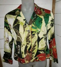 Chicos Light Jacket Floral Womens Size 1 Long Sleeve Collared V Neck Button Up