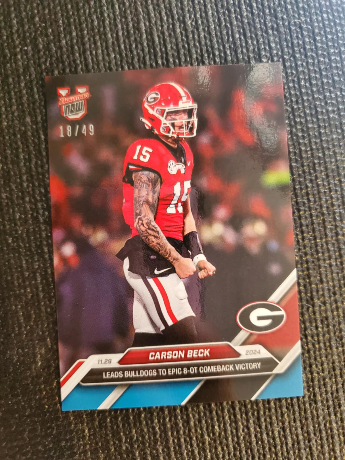 Carson Beck Bulldogs - 2024 Bowman U NOW Football Card 49 Blue Parallel 18/49