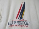 White short-sleeve shirt with black and red Sz L Vtg Bermuda Club Newport logo and navy text reading “Club Newport Bermuda.”