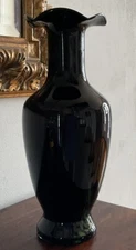 Lovely Black Art Glass Vase - Green Swirl Pattern