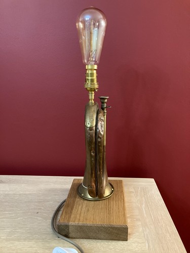 Upcycled Copper & Brass Military Bugle Table Lamp Oak Hardwood Edison Bulb New - Picture 4 of 5