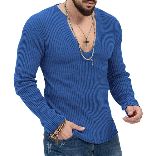 Men Long Sleeve V Neck Top Ribbed Knit T-Shirt Casual Slim Muscle Tee Blouse UK - Picture 12 of 42