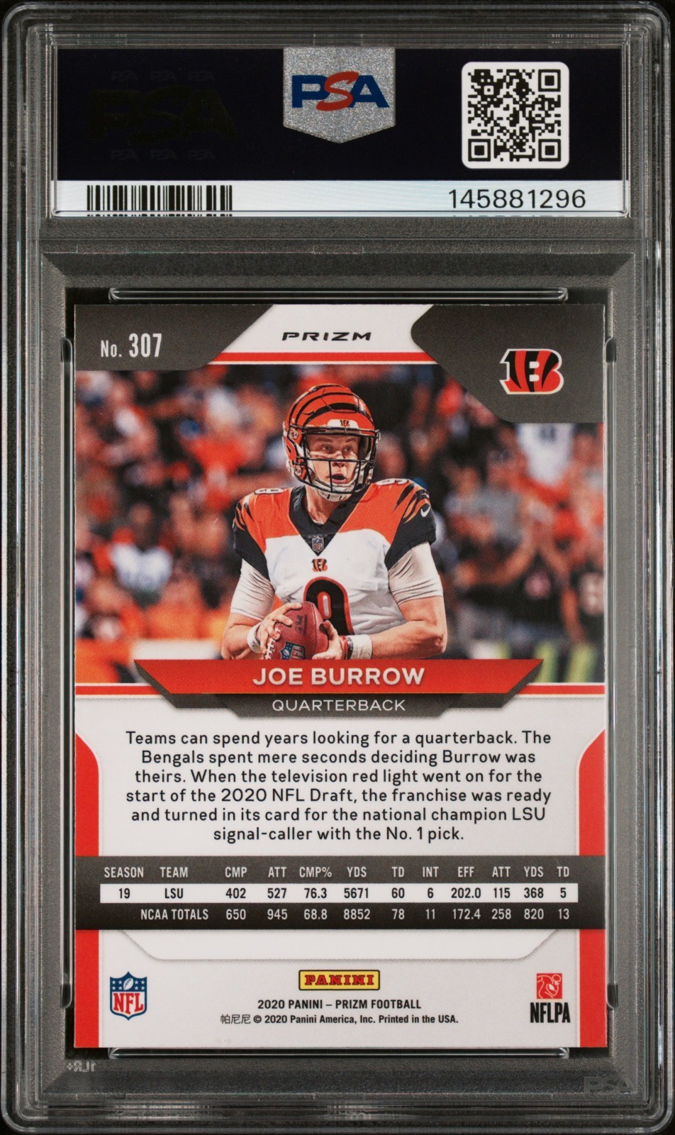 JOE BURROW 2020 PRIZM DISCO ROOKIE RC #307 PSA 8 NM-MT BENGALS LSU! #145881296 view 2