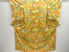 7653225: JAPANESE KIMONO / SILK / HAND WOVEN TSUMUGI / CARRIAGE  FLORAL PLANTS