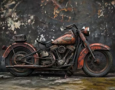 Vintage Rusty Motorcycle Canvas Wall Art - Retro Biker Chopper Man Cave