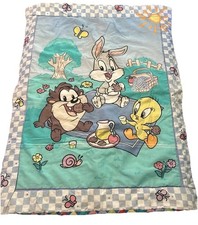 Vintage Baby Looney Tunes Crib Blanket Green Blue Bugs Bunny Taz Tweety Picnic