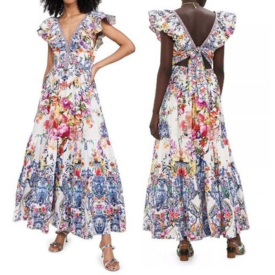CAMILLA ''Dutch Is Life'' Tiered Frill Cotton V-Neck Open Back Maxi Dress, L $899