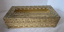 Vintage Hollywood Regency Brass Tissue Box Cover Ornate Filigree Mesh Lid Vanity