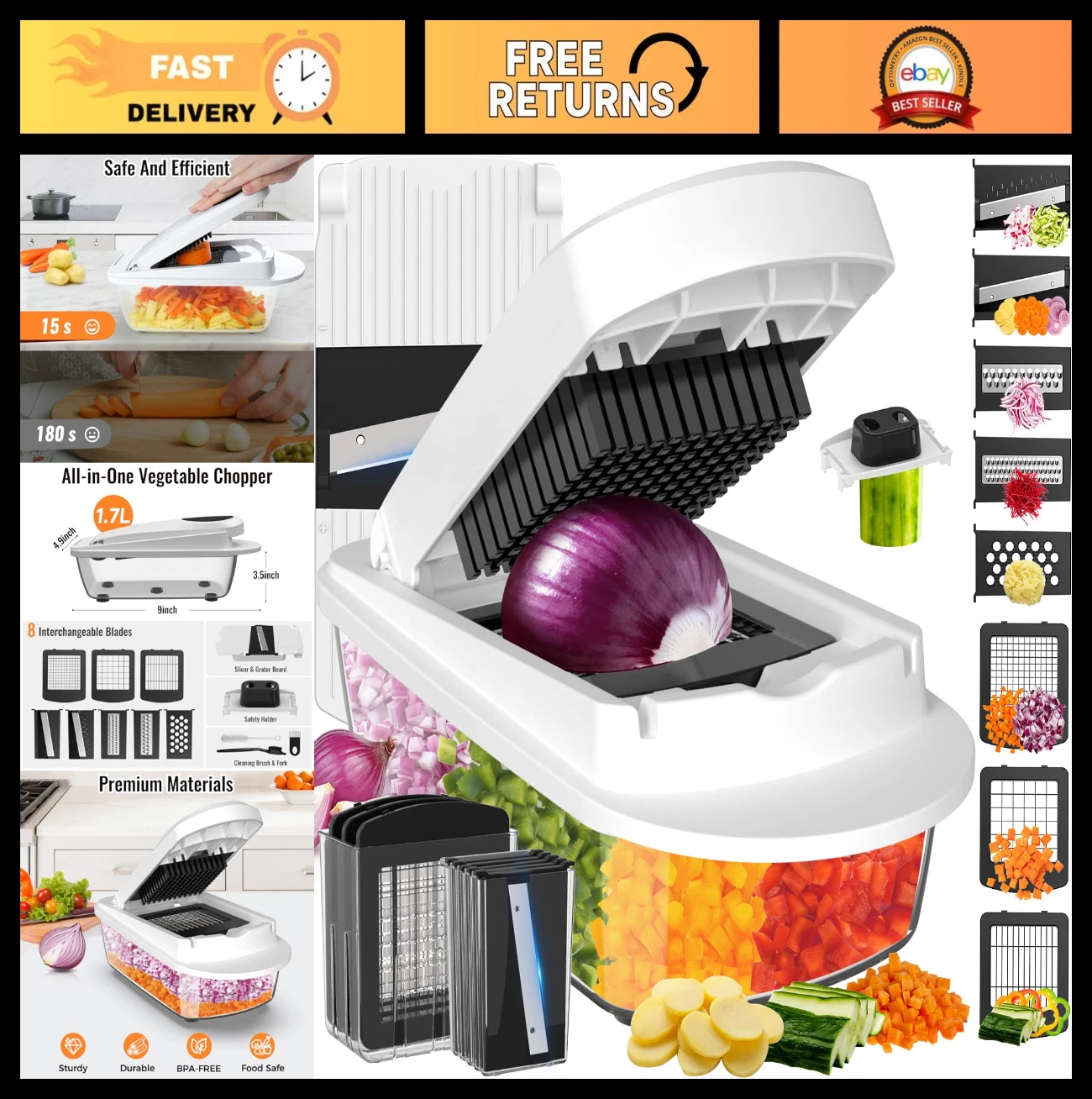 8-Blade All-in-One Vegetable Chopper & Mandoline Slicer with Container - Food &