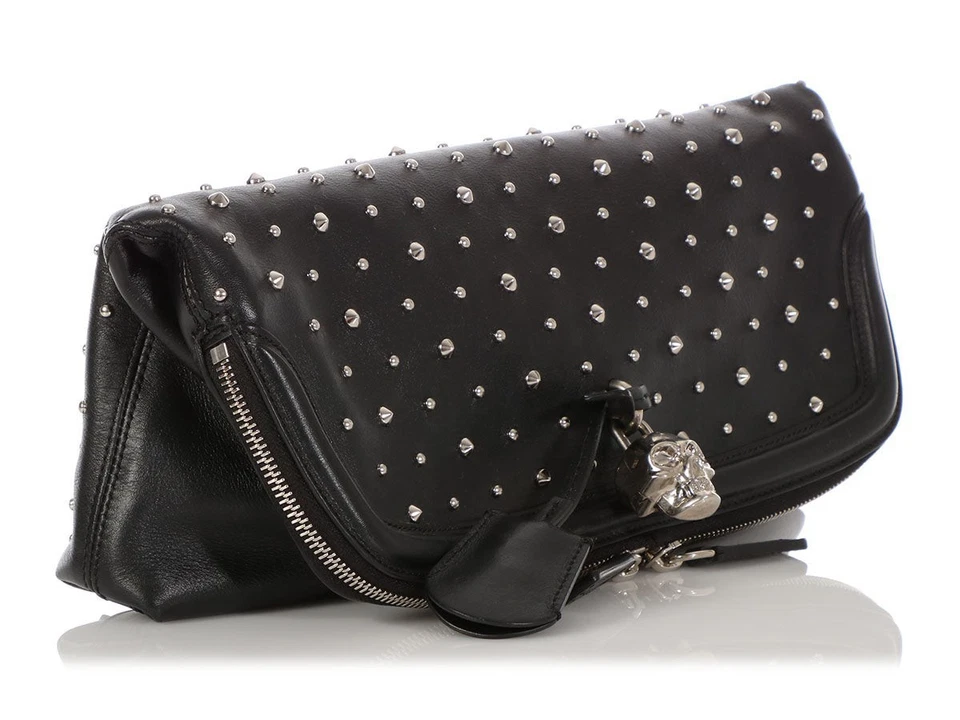 Alexander McQueen Black Calfskin Studded Padlock Skull Clutch - Image 2 of 4
