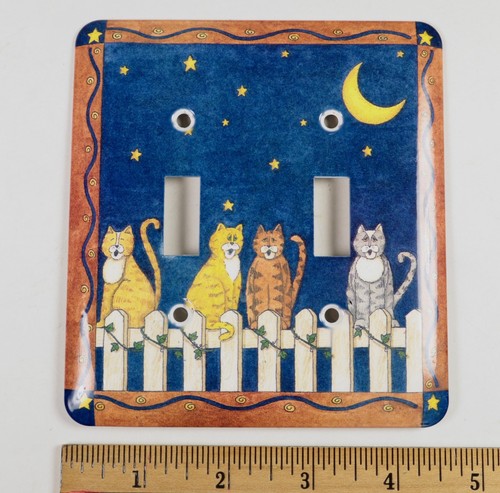 Deb Strain “Night Time Moon Fence Cats” Metal Light double Switch Plate Cover