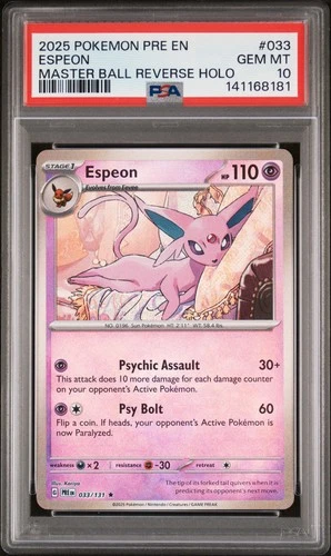 2025 POKEMON PRISMATIC EVOLUTIONS MASTER BALL REVERSE HOLO #033 ESPEON PSA 10