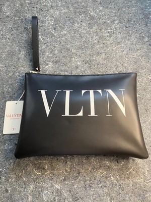 Valentino Garavani  Black Lambskin leather Clutch Bag with White VLTN Logo