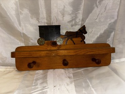 Vintage Rustic Wooden Wall Coat Rack Shelf Horse & Buggy Country Farmhouse Deco