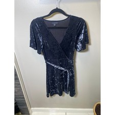 American Eagle Womens Navy Blue Crushed Velvet Wrap Dress Short Sleeve Small S