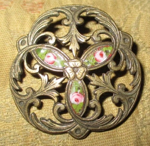 UNIQUE & LOVELY ANTIQUE FRENCH ENAMEL - LG OPENWORK w CENTER BRASS FLOWER 1 1/4" - Picture 4 of 4