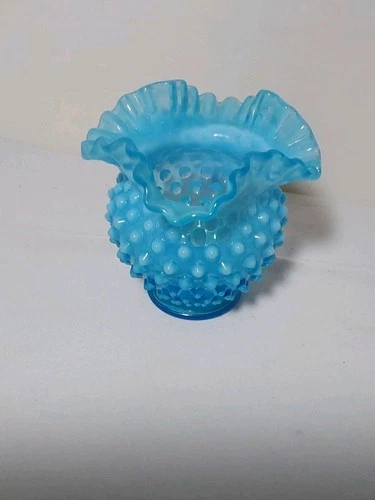 Vintage Fenton Blue Opalescent Hobnail Glass Vase with Ruffled Edge