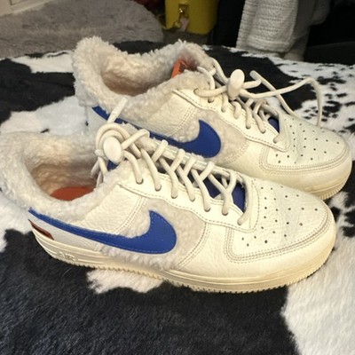 Nike Air Force 1 Faux Fur Lined White Blue Leather Women s Sneakers