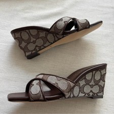 New Coach Wedge Sandal Signature Jacquard Oak/Maple Women  s 8B