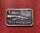 1 Gram Solid Silver Bar, Bolt Action Rifle (BAR) Nicely Toned! Fine .999 Silver!