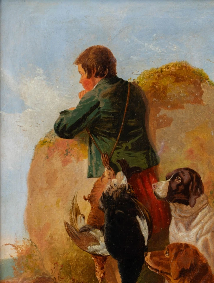 Pintura al óleo deportiva británica del siglo XIX | Cazador con perros y juego, marco antiguo Foto 4 de 4