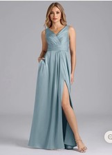 Azazie Karina Dress Moody Blue A-Line Pleated Stretch Satin Dress Size 14 NWT